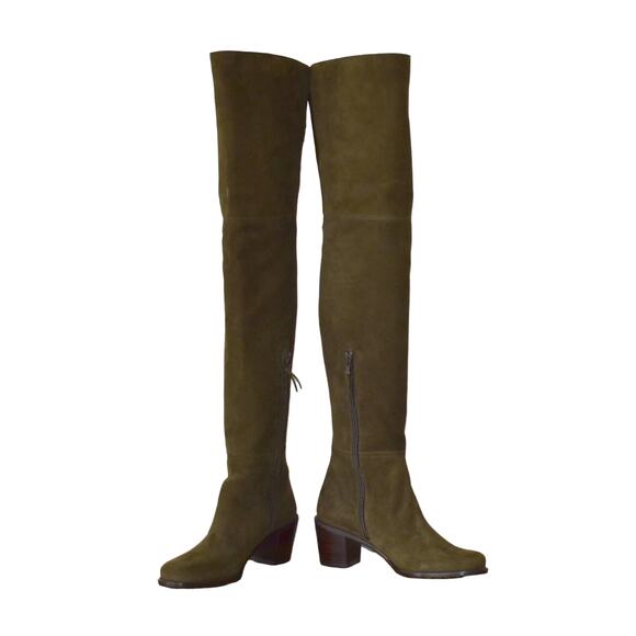 I0 NIB STUART WEITZMAN Hitest Olive Suede Stacked Heel Over The Knee Boots Sz 8 - Picture 5 of 12